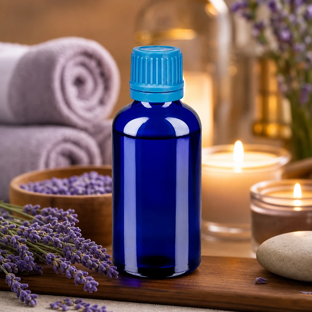 Flacon 50ml 11mm SV bleu OV BlueLine UT18/50 Bouteille en verre bleu de 50 ml de qualité supérieure avec bouchon inviolable pour produits cosmétiques