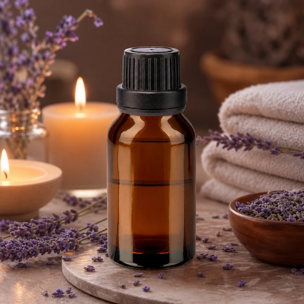 Flacon en verre brun de 30 ml avec bouchon OV noir, entouré de fleurs de lavande