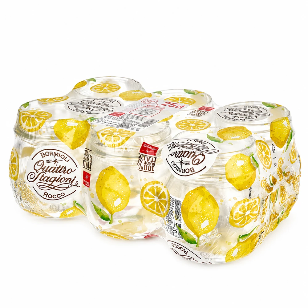 Verre rond 250ml « Quattro Stagioni » avec couvercle Pot rond 250ml Quattro Stagioni avec motif citron et couvercle Bormioli Rocco Paquet de 6 pots