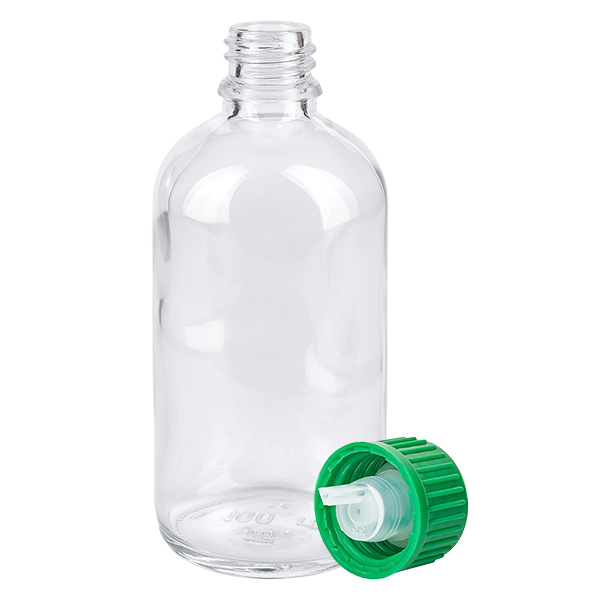 100ml Fl. goutte 0.8mm vert STD ClearLine UT18/100 Flacon compte-gouttes ClearLine en verre transparent de 100 ml, muni d'un bouchon de sécurité enfant vert et d'un embout compte-gouttes de 0,8 mm