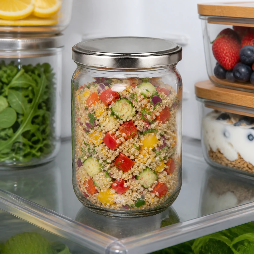 Bocal rond UniTwist de 555 ml, idéal pour conserver des légumes et du quinoa, parfait pour un approvisionnement sain