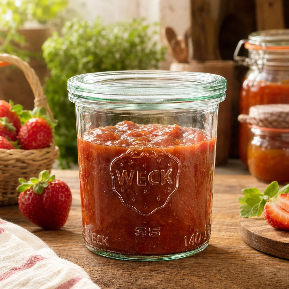 Bocal en verre de 140 ml avec couvercle en verre WECK RR60 WECK Pot de conserve 140ml RR60 rempli de confiture de fraise sur table en bois avec décoration de fraises fraîches