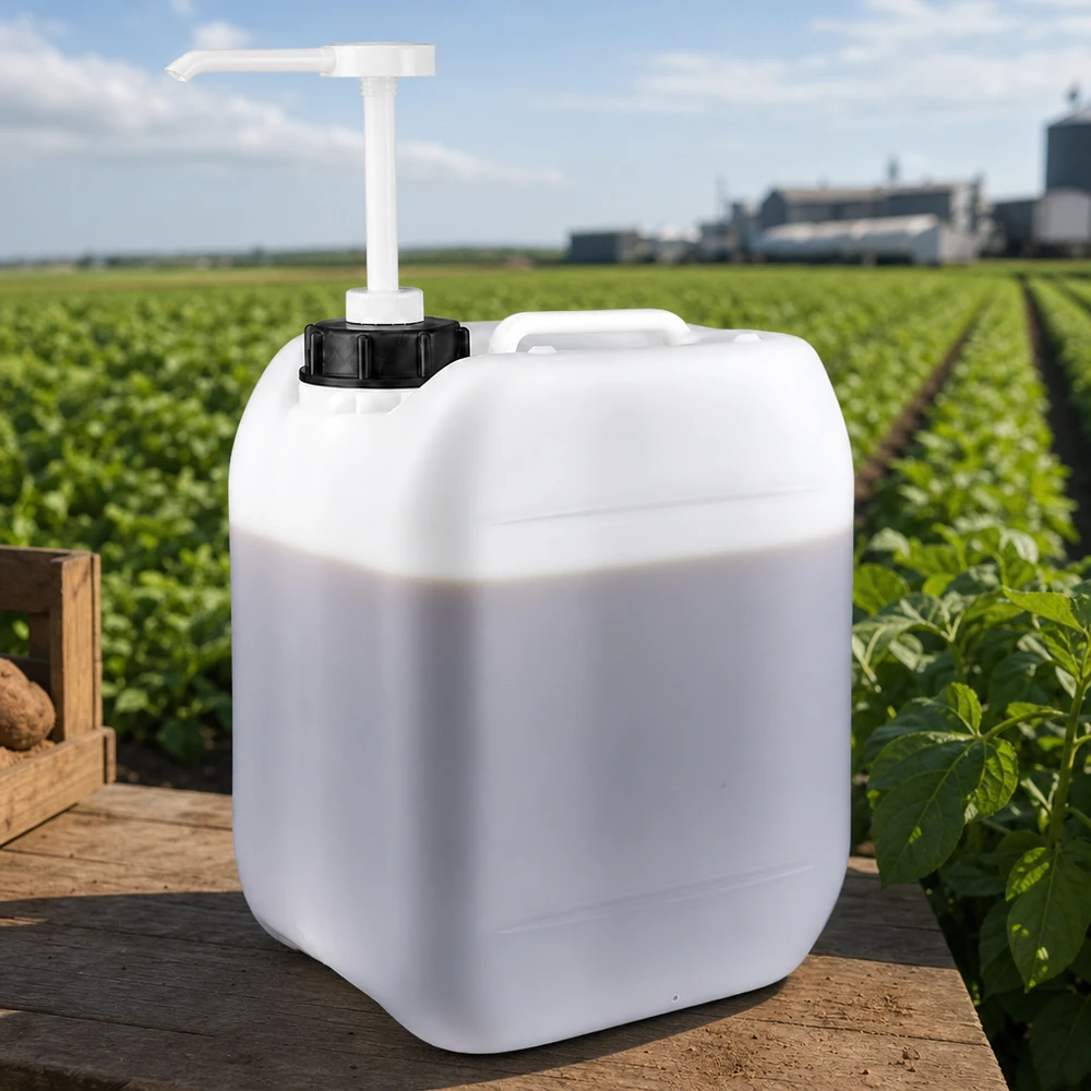 Bidon en plastique blanc de 5 litres avec bouchon à vis noir et pompe, destiné à un usage agricole