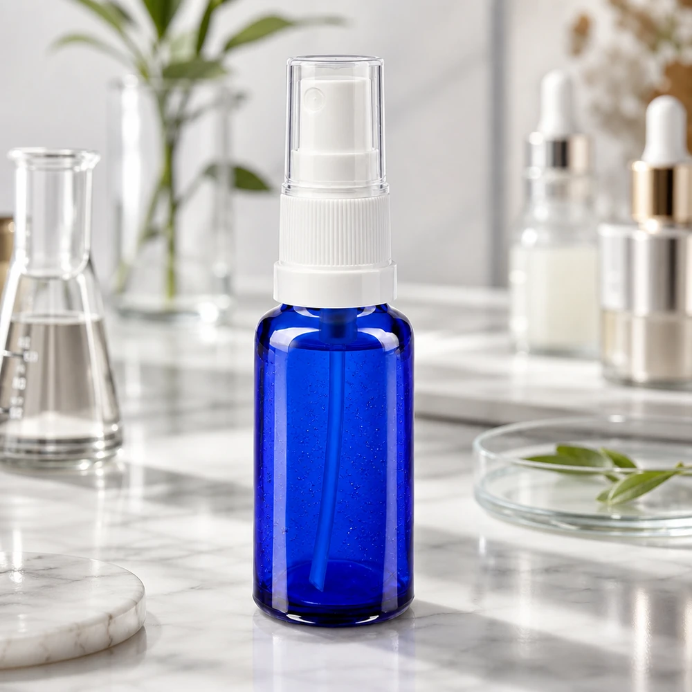 Flacon à pharmacie bleu 20ml embout spray blanc Flacon en verre bleu anti-lumière de 20 ml avec atomiseur fin, destiné aux cosmétiques et aux remèdes naturels
