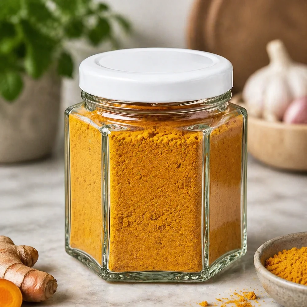 47ml Verre hexagonal avec couvercle BasicSeal blanc UNiTWIST Récipient en verre hexagonal de 47 ml avec couvercle blanc rempli de poudre de curcuma dans un environnement de cuisine naturel avec du gingembre