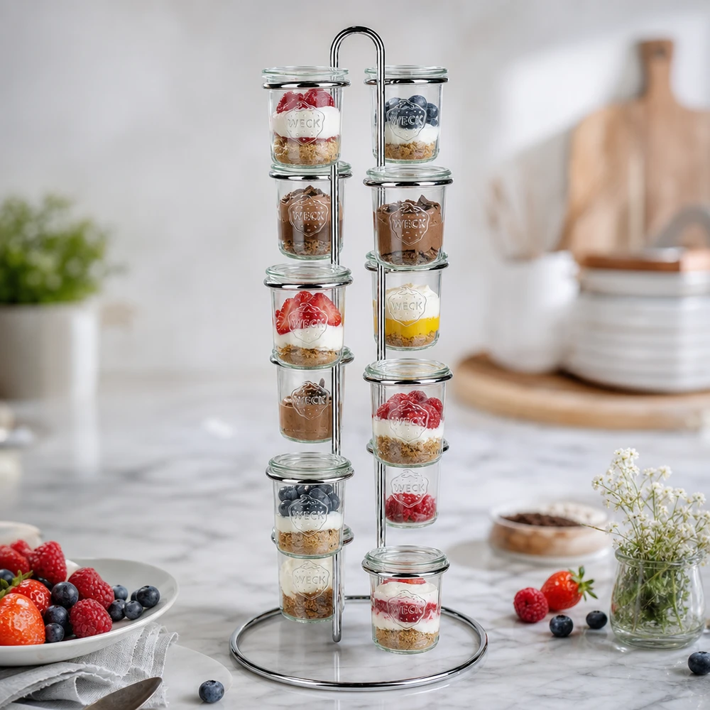 Support de service Vertico12 pour 12 bocal de verre WECK Présentation de desserts avec WECK Vertico12 Le support de service montre 12 pots de yaourt aux baies et de granola sur le comptoir de la cuisine