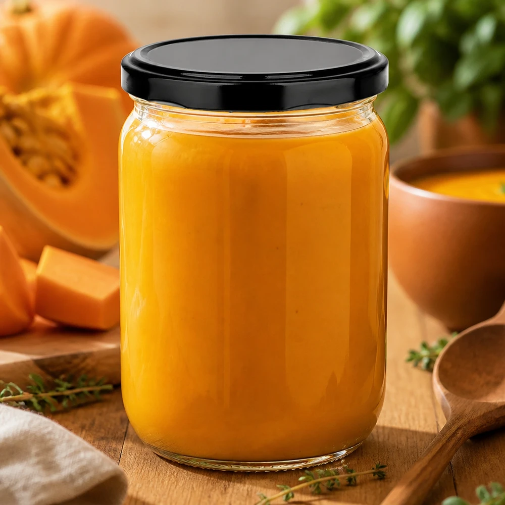 Un bocal rond BasicSeal de 555 ml rempli de purée de potiron, posé à côté d'herbes fraîches sur une planche en bois