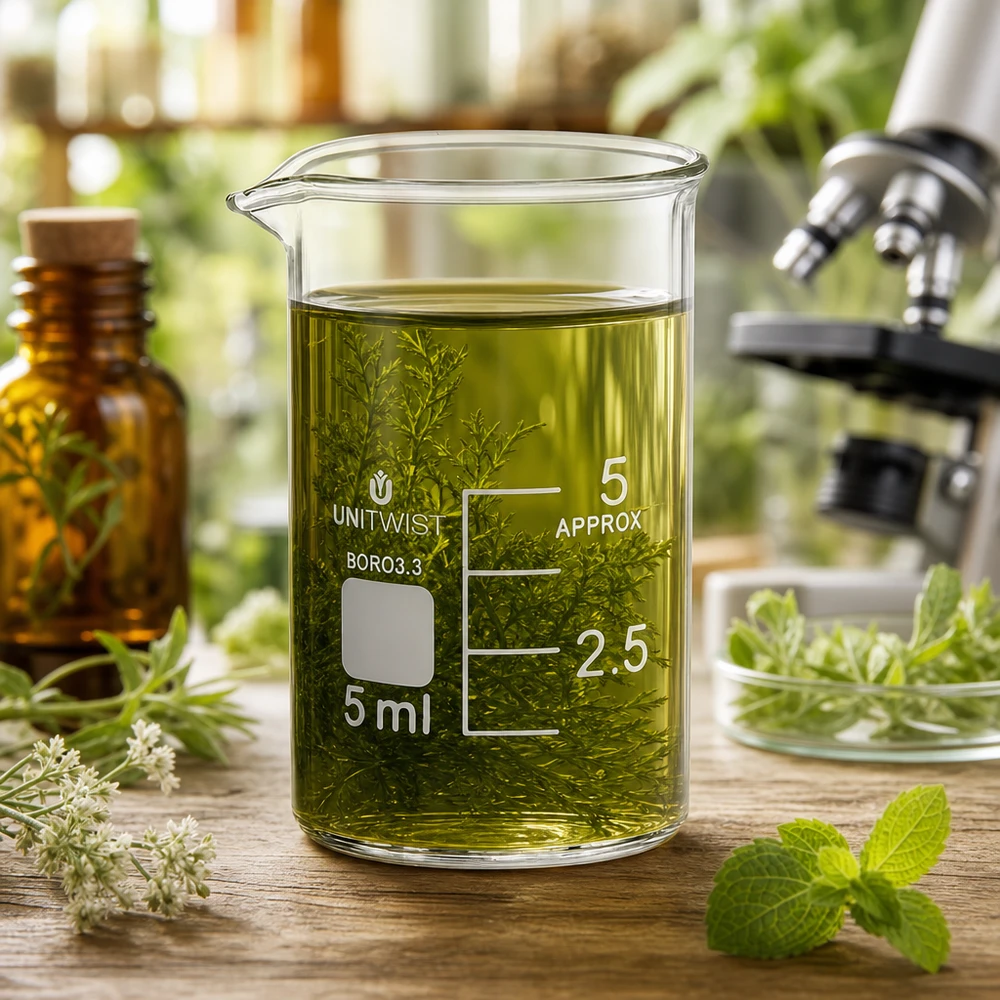Bécher 5ml borosilicate, forme basse UNiTWIST Verre à bécher UNiTWIST de 5 ml contenant de l'huile végétale jaune-vert et muni d'une graduation allant jusqu'à environ 5 ml
