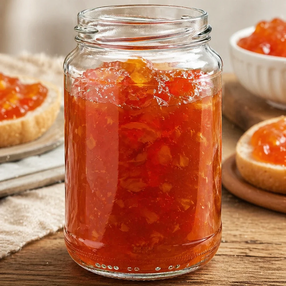 375ml Verre rond sans couvercle (TO63) UNiTWIST UNiTWIST Runda375 Rundglas 375ml gefüllt mit hausgemachter Orangenmarmelade auf Holztisch neben Marmeladenbrot