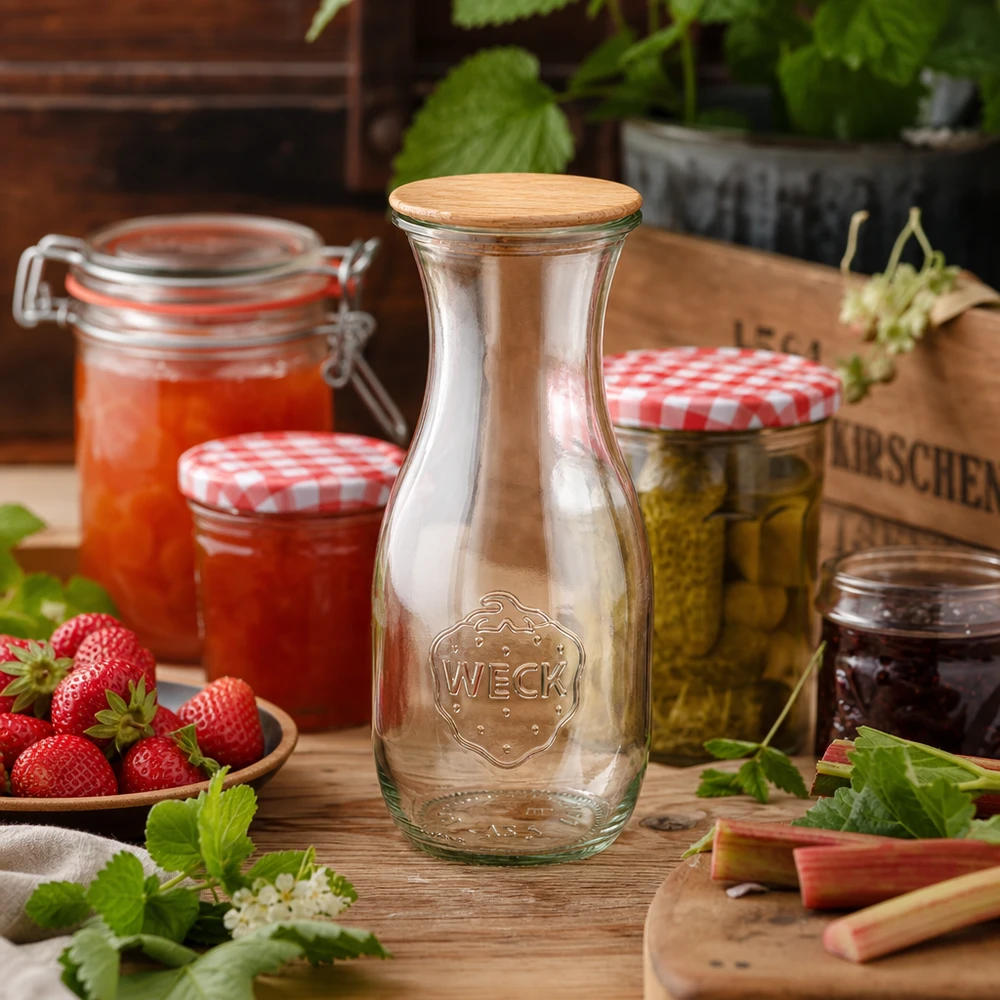 WECK Bouteille en verre 530ml RR60 avec couvercle en bois dans la cuisine rustique à côté de la confiture de fraises et des bocaux à conserves
