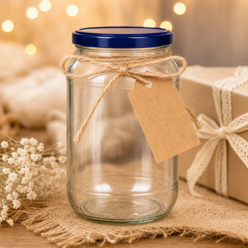 1062ml Verre rond BasicSeal couvercle bleu UNiTWIST Emballage cadeau Étiquette papier kraft Ruban de jute Décoration