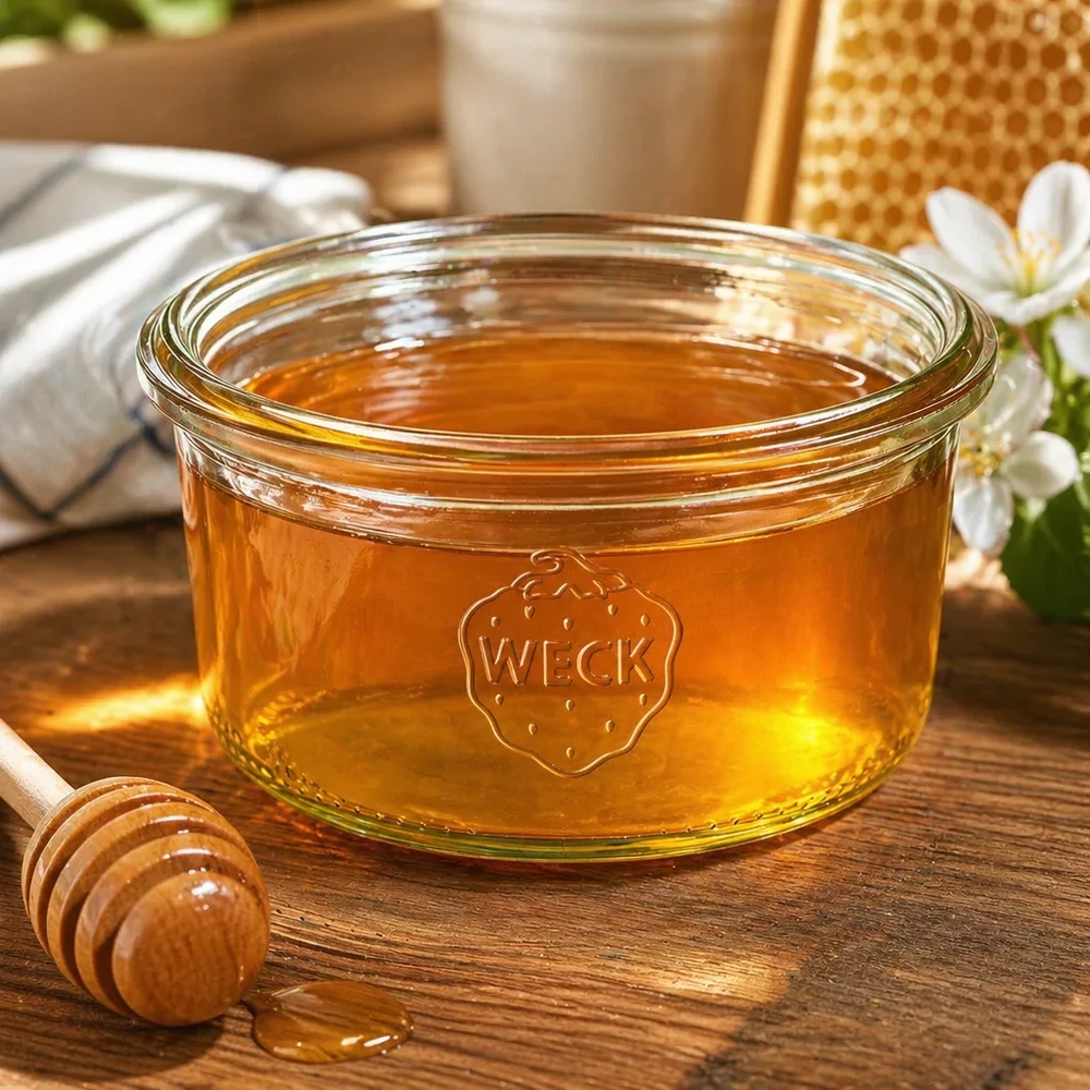 165ml WECK Pot renversé RR80 rempli de miel sur table en bois avec cuillère à miel et nid d'abeille en arrière-plan