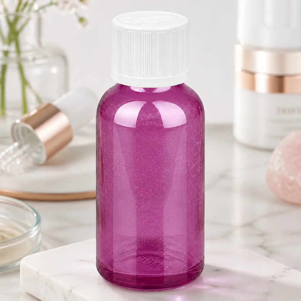 Flacon compte-gouttes en plastique de 30 ml d'un violet chatoyant avec bouchon anti-fuite pour les voyages