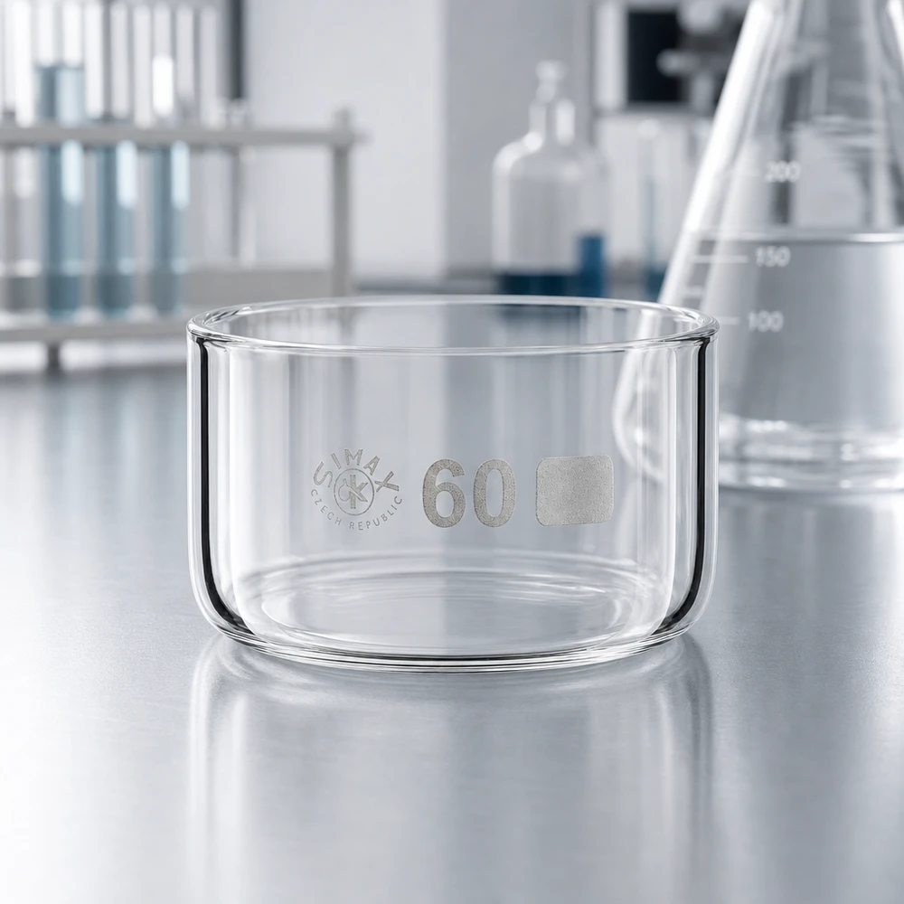 Bol en verre transparent de 60 ml destiné aux applications de laboratoire, sans bec verseur. Fabriqué en République tchèque.