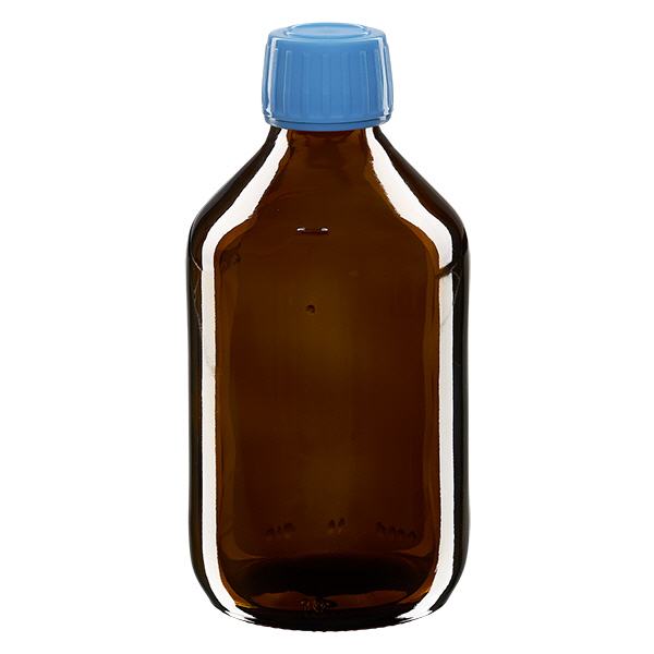 Flacon médical 250 ml couleur ambrée avec bouchon bleue Flacon médical 250 ml couleur ambrée avec bouchon bleue