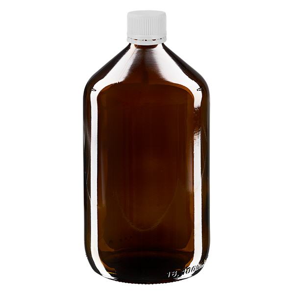 Bouteille à usage médical de 1000 ml, marron, avec bouchon blanc d'origine Bouteille à usage médical de 1000 ml, marron, avec bouchon blanc d'origine