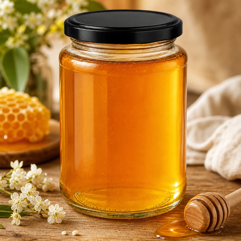 382ml pot rond BasicSeal noir rempli de miel pot de miel d'abeilles alvéoles fleurs cuillère en bois naturel
