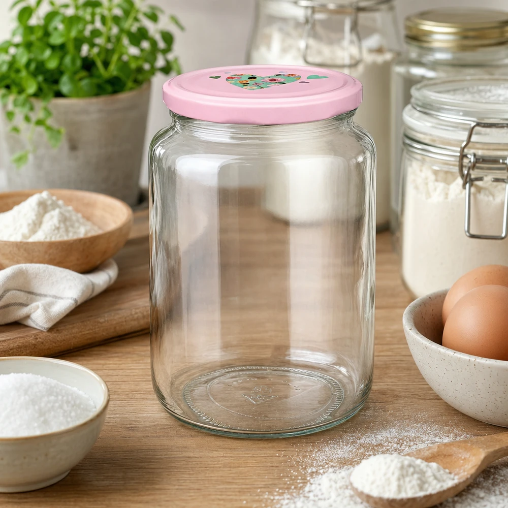 Pot rond 795 ml + couvercle BasicSeal rose cur UNiTWIST Leeres Rundglas 795ml mit rosa BasicSeal Deckel in Küchenszenerie zwischen Backzutaten Mehl und Eiern auf Holzbrett