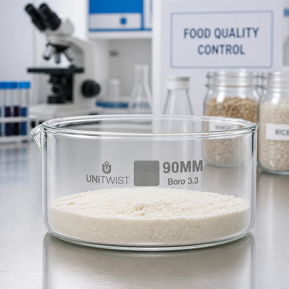 Coupelle plate en verre UNiTWIST 90 mm, verre borosilicaté, analyse de poudres, contrôle qualité alimentaire