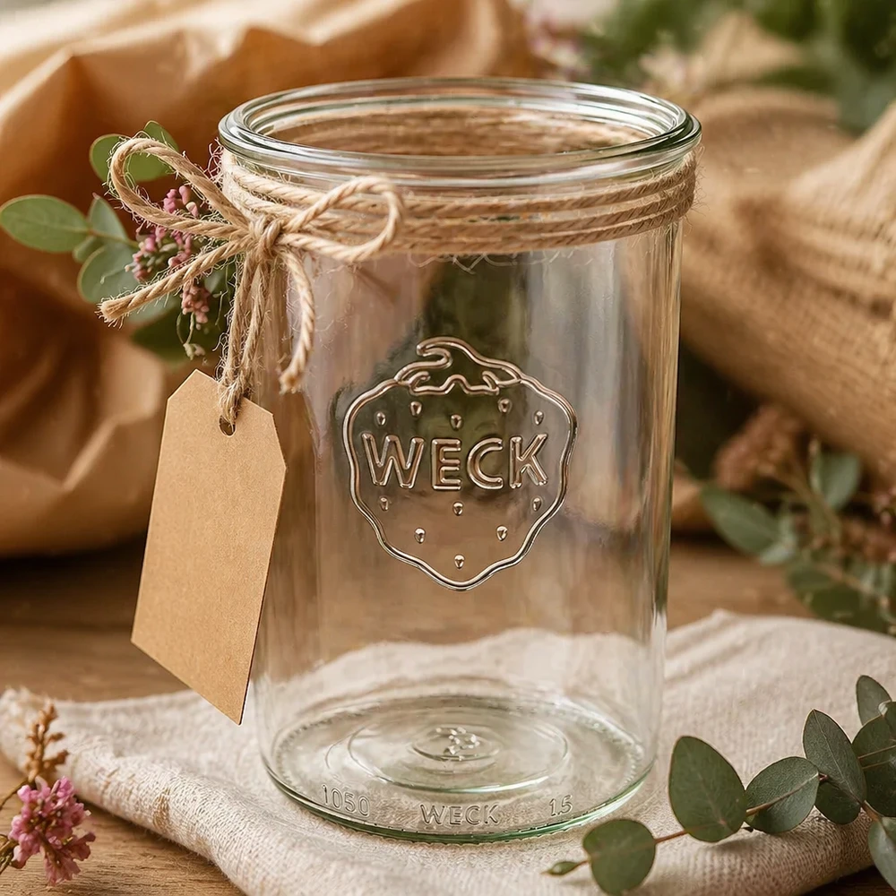 Bocal en verre WECK RR100 de 1 000 ml Pot de 1000ml WECK RR100 décoré avec une corde de jute et un pendentif sur une table en bois rustique