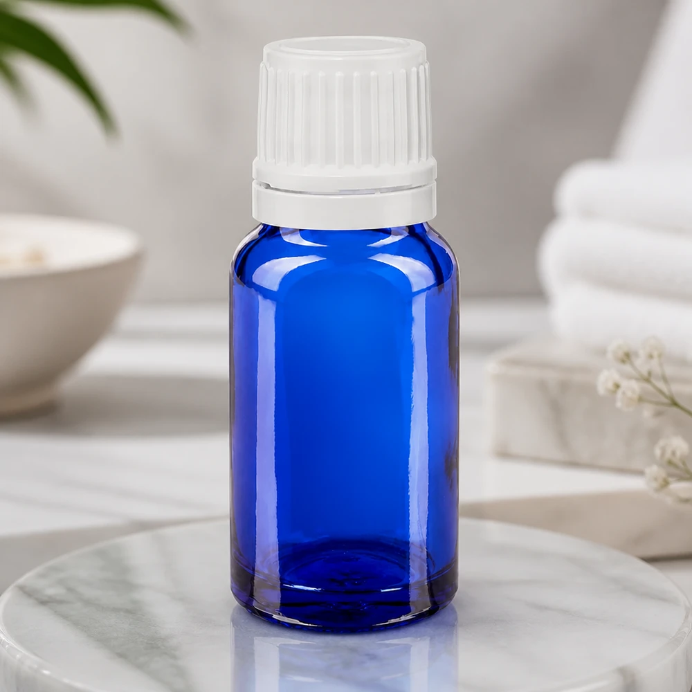Flacon en verre bleu de 10 ml avec bouchon d'origine à sécurité enfant, destiné aux huiles et teintures