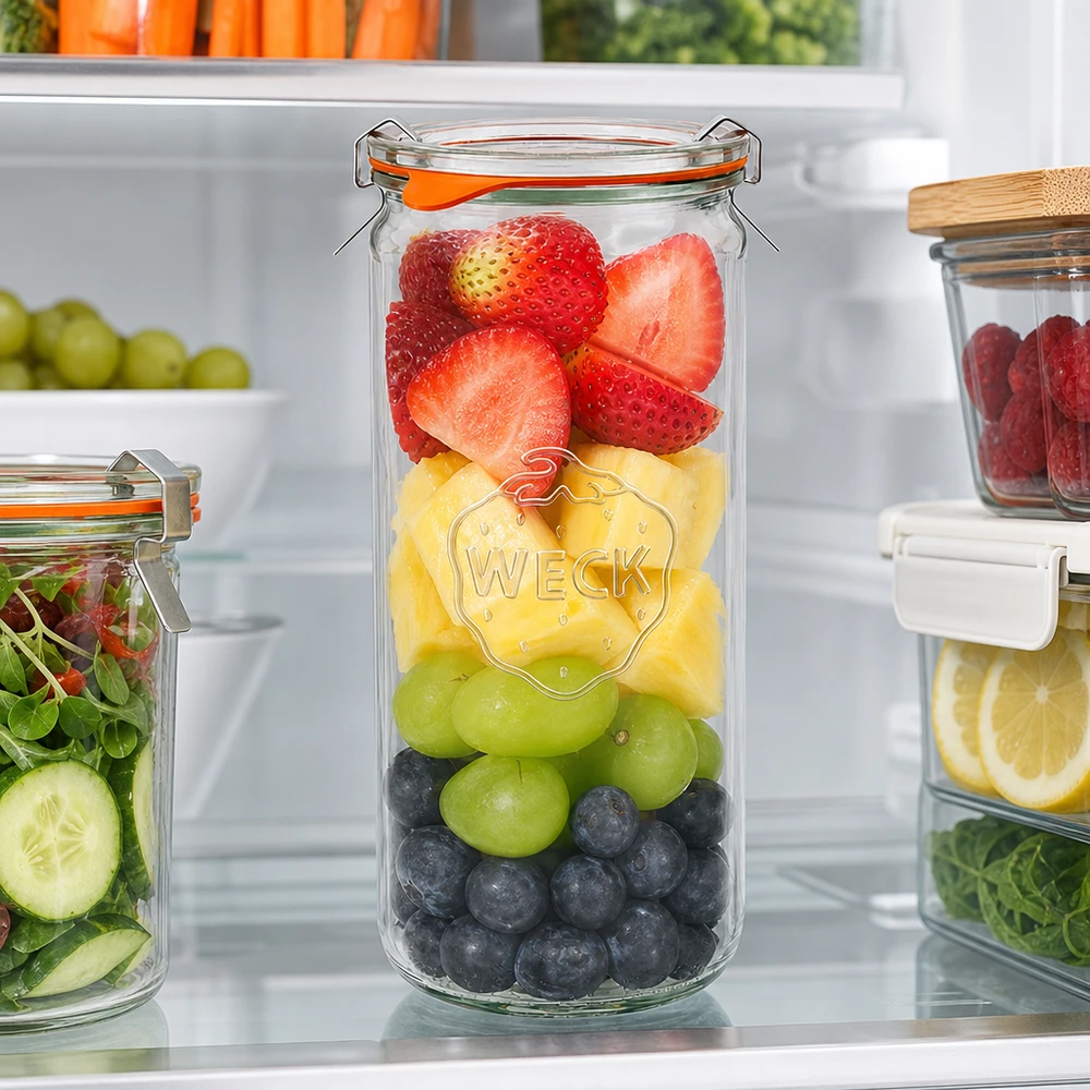 WECK Pot cylindrique RR80 de 1040 ml avec salade de fruits colorée dans le réfrigérateur pour la préparation de repas frais et la conservation des aliments