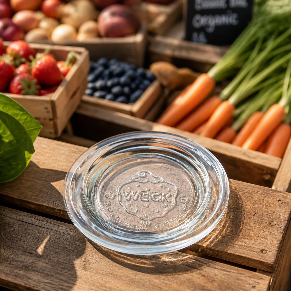 Couvercle en verre WECK RR40 Couvercle en verre WECK RR40 sur table en bois dans une atmosphère de marché avec des fruits et légumes frais en arrière-plan