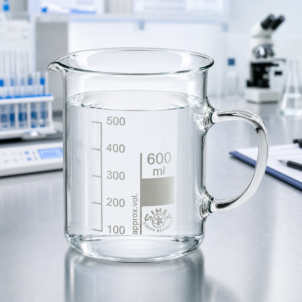 Bécher avec poignée 600ml en verre borosilicate résistant à la chaleur (forme normale) Bécher Simax de 600 ml muni d'une poignée en verre, posé sur une table en acier inoxydable dans un laboratoire scientifique