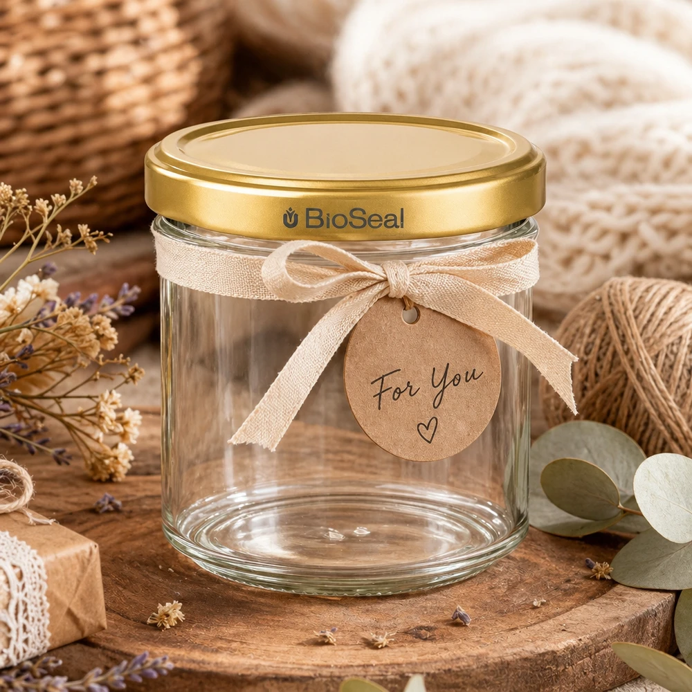 200g pot de miel vide BioSeal couvercle doré comme cadeau décoré avec ruban et pendentif For You