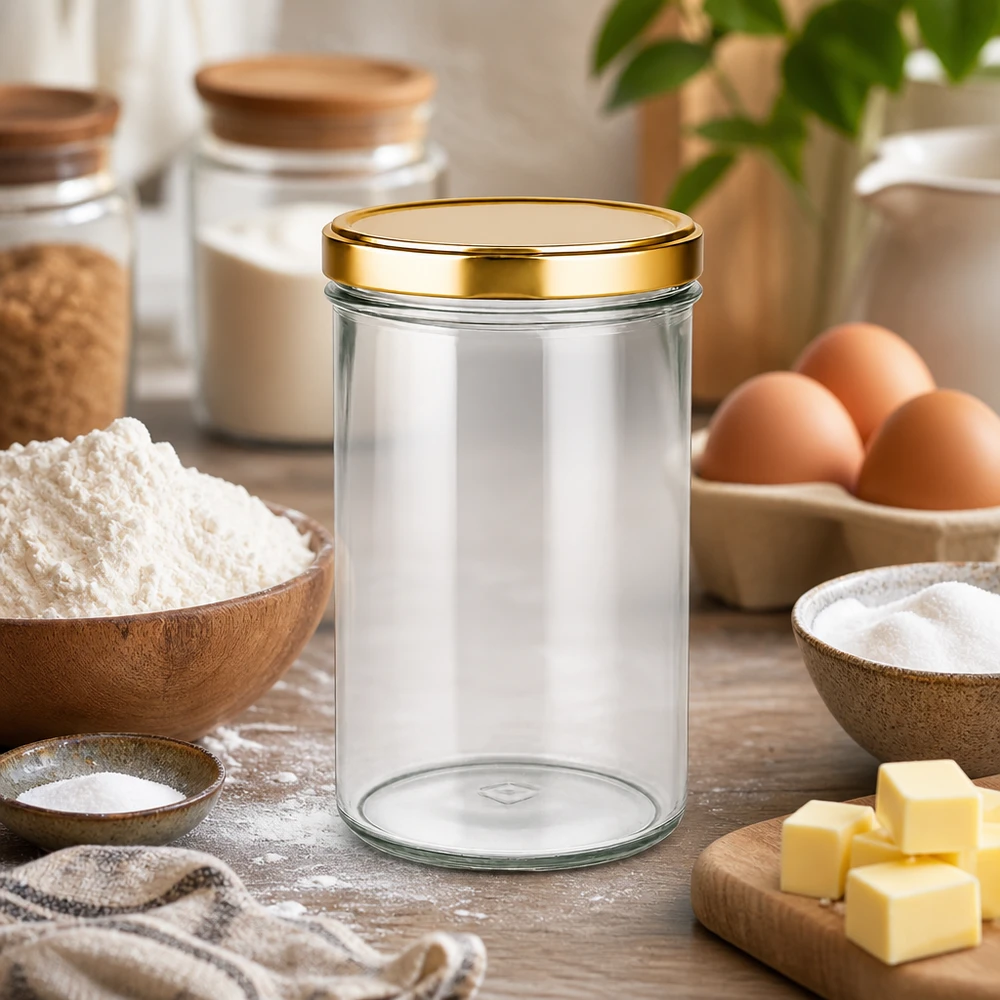 277ml Verre conique avec couvercle BasicSeal or UNiTWIST 277ml bocal en verre avec couvercle doré dans la cuisine avec des ingrédients pour la pâtisserie farine oeufs beurre comme bocal de réserve pour la pâtisserie