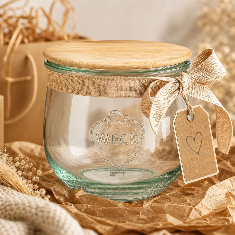370ml bocal tulipe WECK RR80 avec couvercle en bois WECK RR80 370ml Pot tulipe comme emballage cadeau avec boucle de jute et pendentif sur des matériaux de décoration naturels