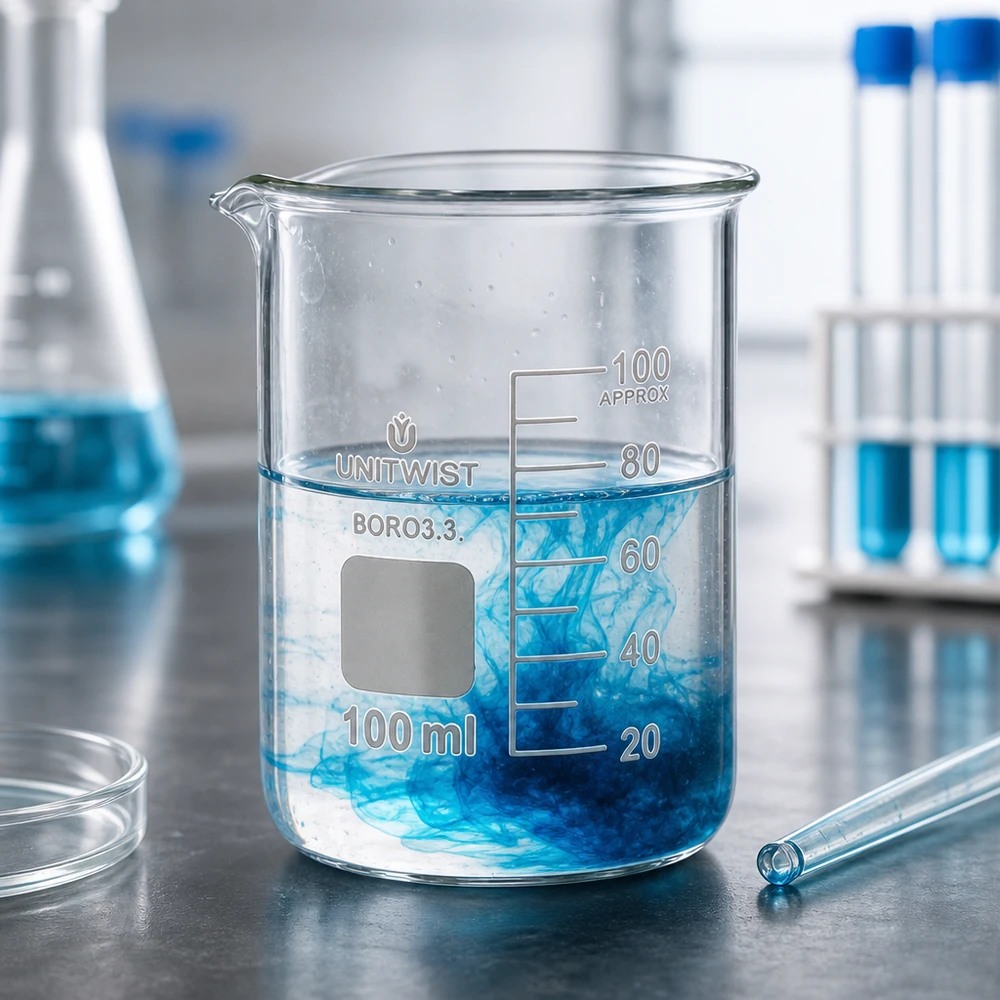 Bécher 100ml borosilicate, forme basse UNiTWIST Verre à bec UNiTWIST de 100 ml contenant de l'encre bleue qui se dissout dans l'eau claire