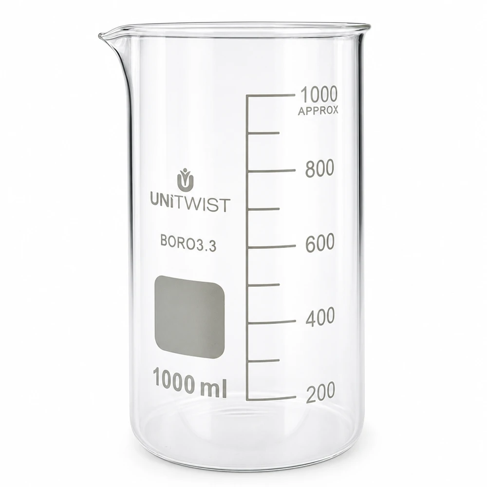Bécher 1000ml borosilicate, forme haute UNITWIST Verre de laboratoire résistant aux produits chimiques, 1 000 ml, forme haute, en borosilicate, avec graduation de 200 à 1 000 ml
