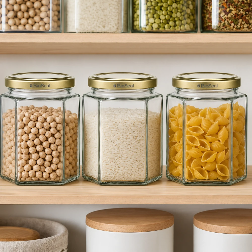 520g BioSeal pots de miel hexagonaux avec couvercle doré dans le placard de stockage rempli de pois chiches riz et nouilles