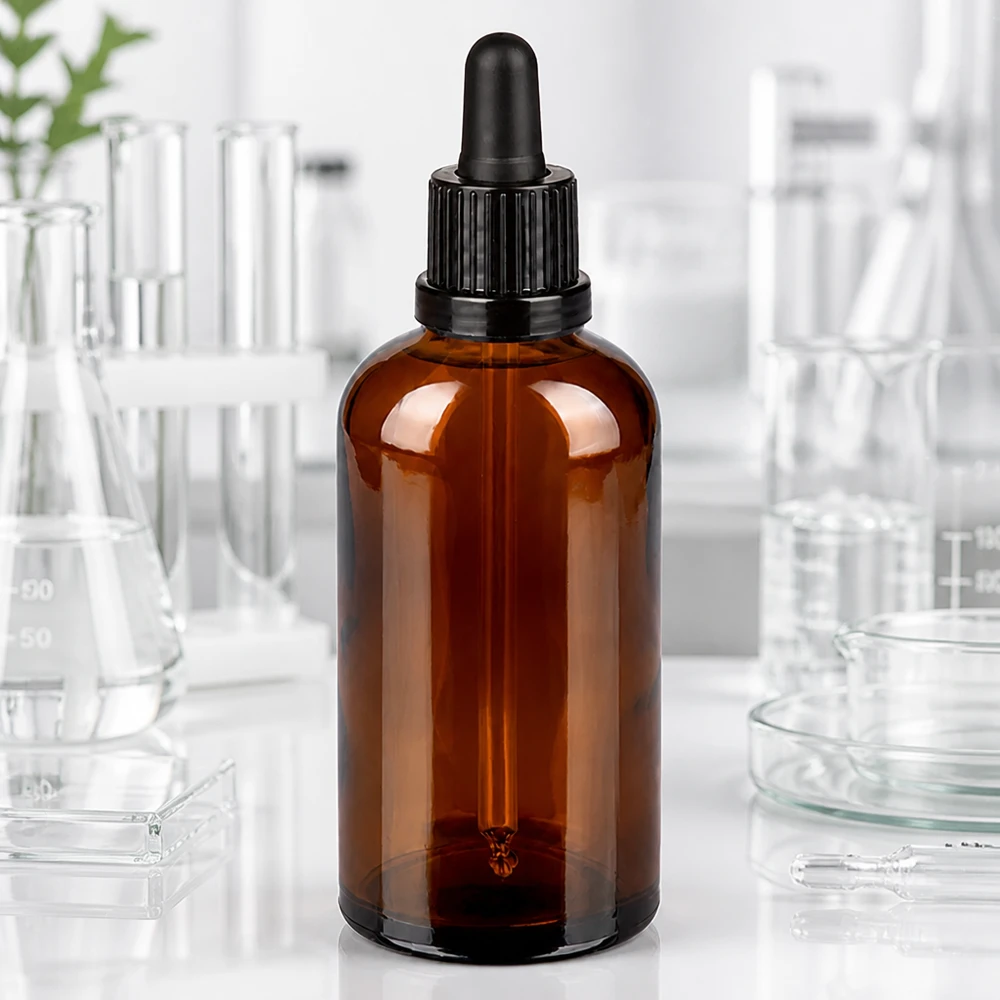 Flacon à pipette 100ml noir OV BrownLine UT18/100 Bouteille en verre d'ambre de 100 ml avec bouchon noir à pipette pour une conservation sûre