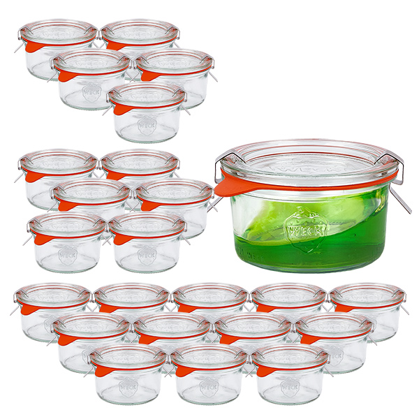 Set de 24 bocaux Weck 165ml verre renversé avec 24 couvercles en verre Set de 24 bocaux Weck 165ml verre renversé avec 24 couvercles en verre