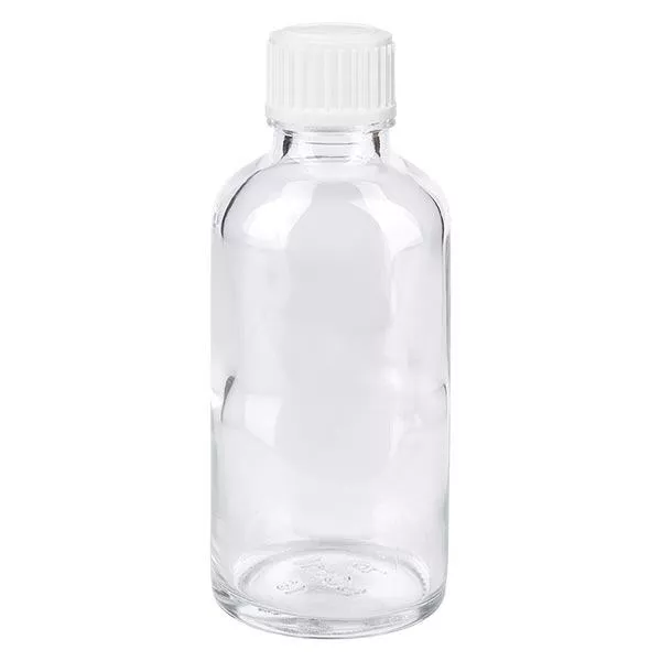 Flacon de pharmacie clair 50ml bouchon vissable blanc Std Flacon de pharmacie clair 50ml bouchon vissable blanc Std