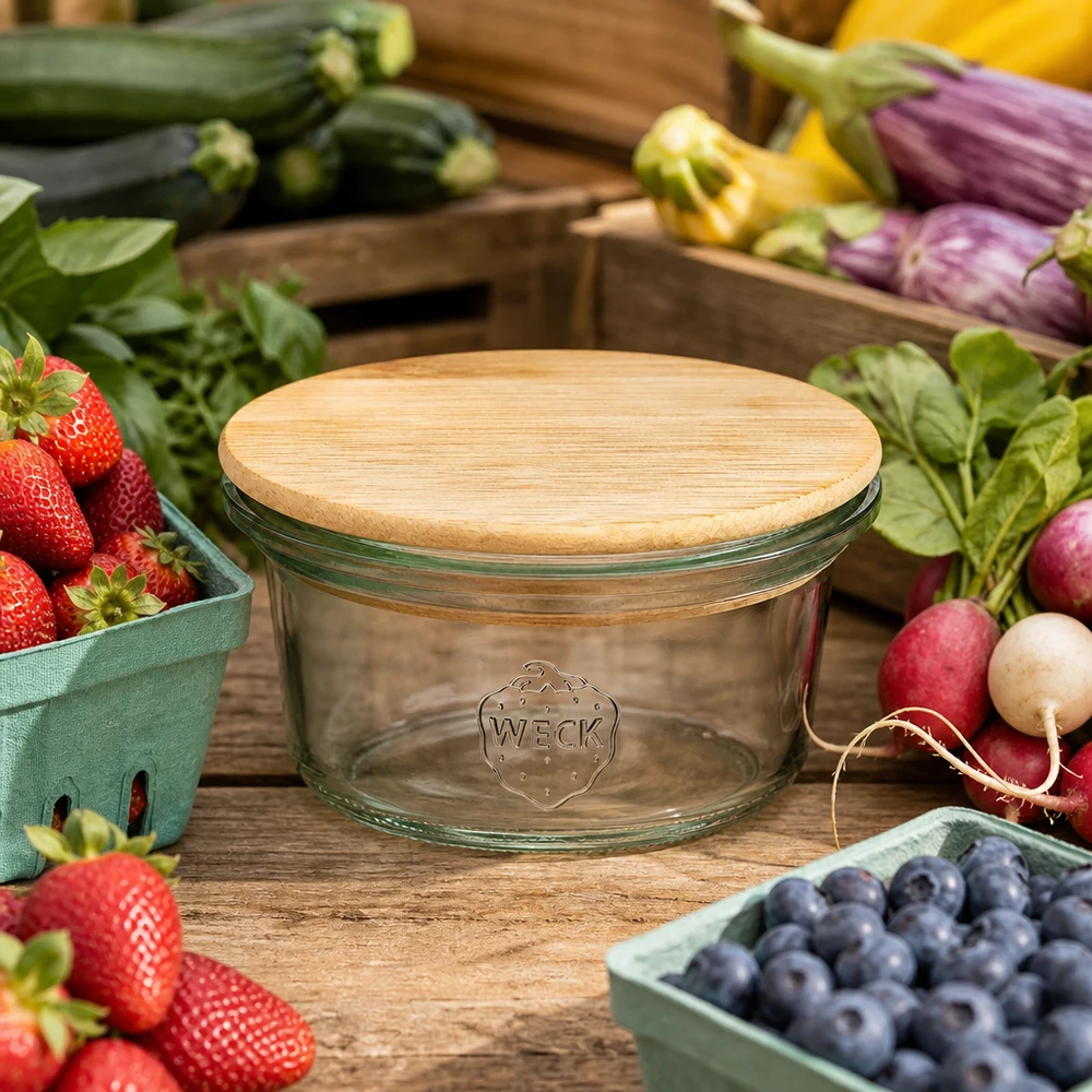 WECK Mini bocal 50ml avec couvercle en bambou entouré de fruits et légumes frais sur une table en bois dans le style Farmhouse