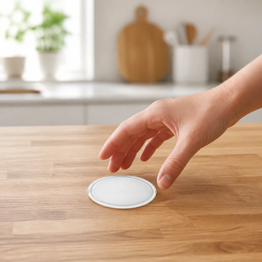 Couvercle rond blanc TO66 BasicSeal UNiTWIST, diamètre 66 mm, sur fond en bois clair