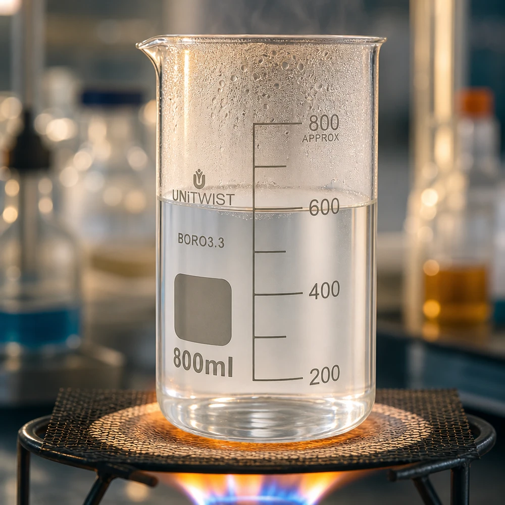 Bécher 800ml borosilicate, forme haute UNITWIST Bécher en verre borosilicaté résistant à la chaleur, 800 ml, forme haute, pouvant être chauffé directement au-dessus d'un brûleur à gaz