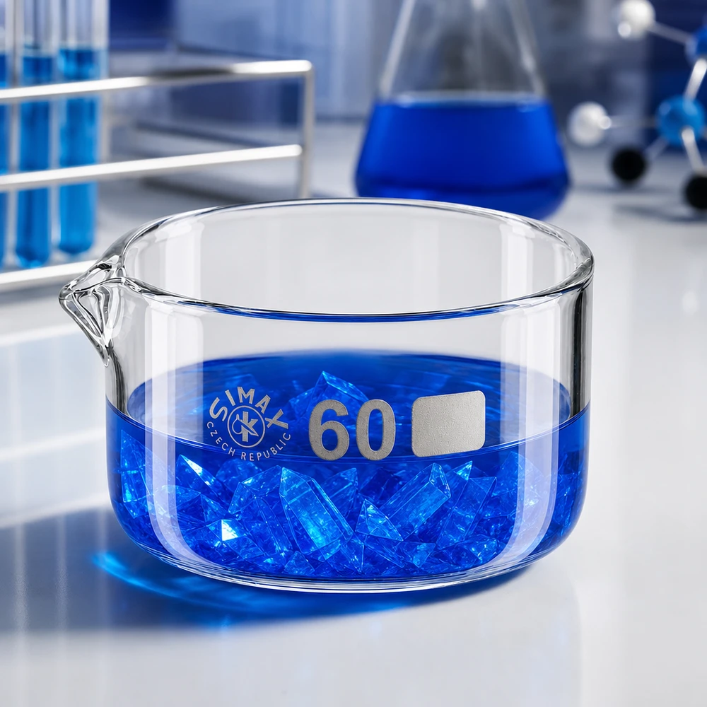 Coupelle de cristallisation 60 ml de laboratoire, cristaux de sulfate de cuivre bleus, coupelle en verre avec bec verseur, Simax, République tchèque