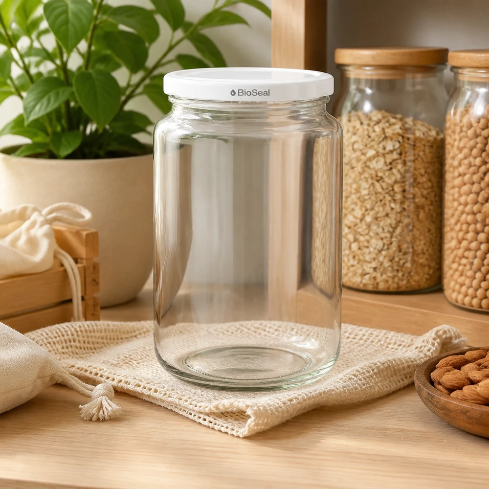 382ml Verre rond avec couvercle BioSeal blanc UNiTWIST UNiTWIST Runda382 Bocal à l'ambiance de cuisine - bocal en verre vide avec couvercle BioSeal blanc à côté des bocaux à provisions