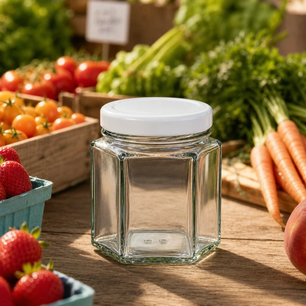 47ml Verre hexagonal avec couvercle BasicSeal blanc UNiTWIST 47ml Hexaglas mit BasicSeal Deckel auf Holztisch umgeben von frischem Marktgemüse - ideal für Gewürze und Kräuter