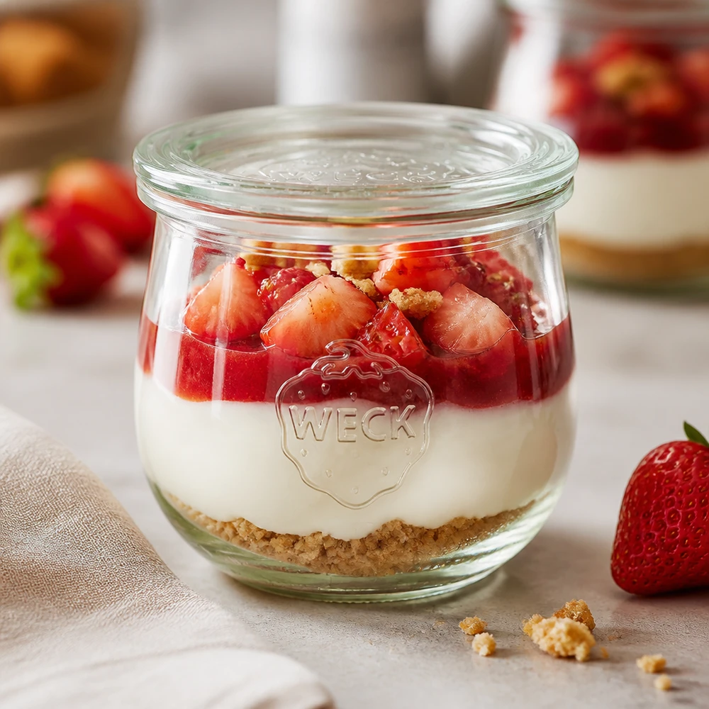 WECK Pot tulipe 370ml RR80 avec dessert stratifié à la fraise et fond de biscuit servi dans le pot comme dessert