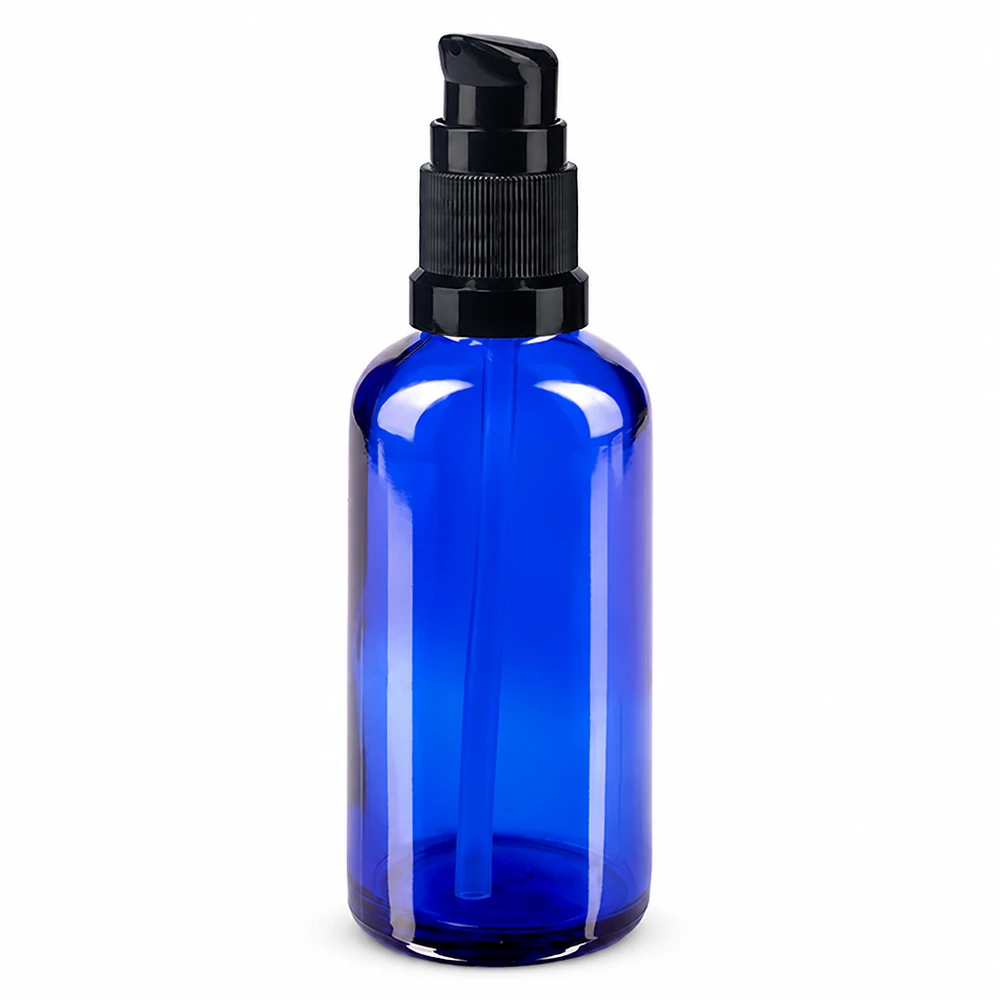 Flacon de pharmacie bleu 50ml bouchon pompe noir std Flacon pompe de 50 ml bleu cobalt en verre de pharmacie de haute qualité, muni d'un distributeur noir