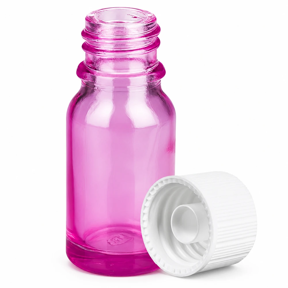 Bouteille 10ml 11mm bouchon à vis blanc standard PurpleLine UT18/10 Bouteille en verre violette de 10 ml avec fermeture de sécurité pour les enfants, idéale pour les échantillons de laboratoire et les extraits.