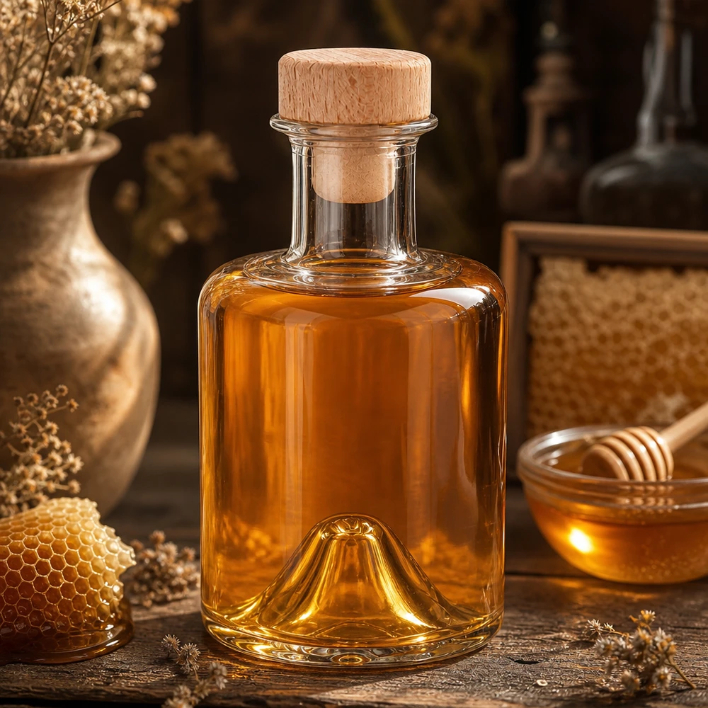 Flacon à pharmacie « Sofia » 200 ml avec bouchon en bois UNiTWIST® Bouteille en verre Sofia de 200 ml avec bouchon en bois remplie de miel dans une cuisine rustique à côté d'un nid d'abeille et d'un pot de miel