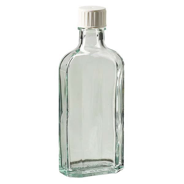 Flasque transparente de 125 ml au goulot DIN 22, avec bouchon à vis DIN 22 blanc et bague anti-gouttes Flasque transparente de 125 ml au goulot DIN 22, avec bouchon à vis DIN 22 blanc et bague anti-gouttes