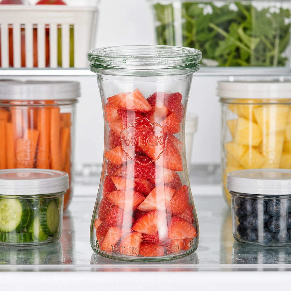 WECK Pot d'épicerie fine 100ml RR40 dans le réfrigérateur rempli de fraises entouré de bocaux de stockage de fruits et légumes