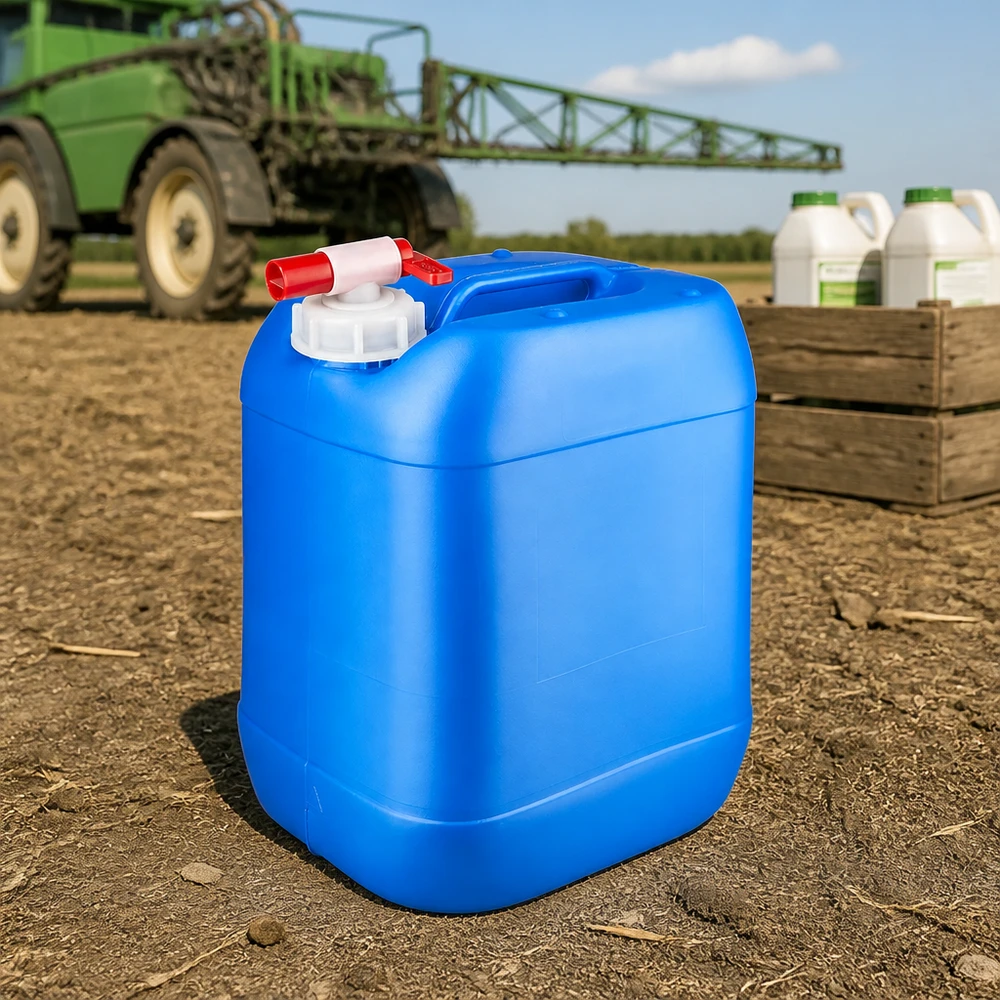 Récipient portable pour liquides de 20 L, bleu, avec robinet à boisseau sphérique rouge, sur un champ agricole
